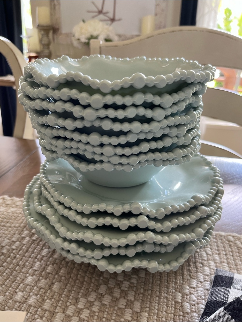 Light Aqua Beaded Edge Melamine Bowl and Salad Plate Set